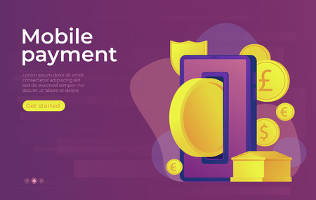 Mobile payment online banking concept. Gold bank building. Web banner.のイラスト素材