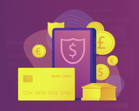 Mobile secure payment. Protection data. Web concept with smartphone, bank building, payment card and international wallet. Vector illustration.のイラスト素材