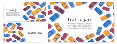 Traffic jam. Large congestion of cars. Set of web banner or poster design template. Top view vector flat illustration.のイラスト素材