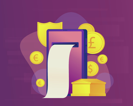 Mobile payment online banking concept. Gold bank building. Web banner. Vector illustration.のイラスト素材