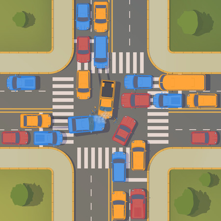 Road accident between two cars with crumpled wings and bumpers, broken windows and braking.のイラスト素材