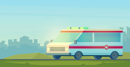 Ambulance car on road. The machine for providing the first necessary emergency medical assistance. Vector cartoon styleのイラスト素材