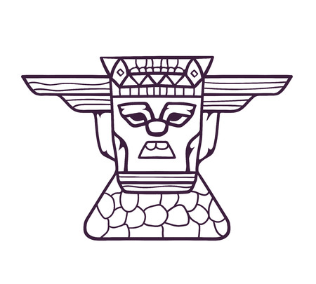 Hand draw wooden totem mask. A wooden mask on a stone pedestal, with emotional expressions. Vector linear illustration.のイラスト素材