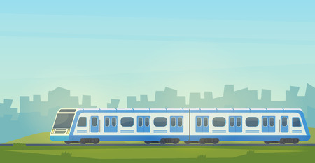 Passanger modern electric high-speed train with city landscape. Railway transport. Travel by train.のイラスト素材