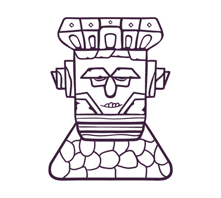 Colorful totem mask. A wooden mask on a stone pedestal, with emotional expressions. Vector linear flat illustration. Hand draw style.のイラスト素材