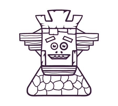 Colorful totem mask. A wooden mask on a stone pedestal, with emotional expressions. Vector linear flat illustration. Hand draw style.のイラスト素材