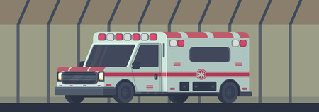Ambulance car in transport tunnel. The machine for providing the first necessary emergency medical assistance. Vector cartoon illustration.のイラスト素材
