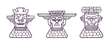 Set of colorful totem mask. A wooden mask on a stone pedestal, with emotional expressions. Vector linear flat illustration.のイラスト素材