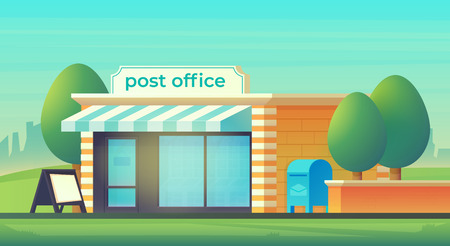 Post office building with mailbox in cityscape. Postal delivery service.のイラスト素材