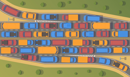 Traffic jam on road junction. Large congestion of cars. Top view flat illustration.のイラスト素材