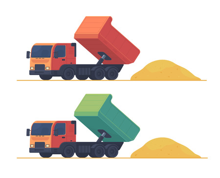 Dumper truck. A set of trucks, unloading and carrying soil and construction materials on building site. Vector illustration isolated on white.のイラスト素材