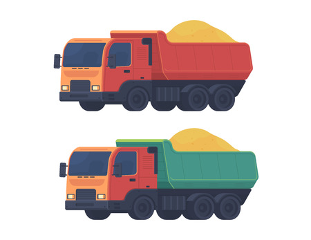 Dumper truck. A set of trucks, transportation soil and construction materials on building site. Vector illustration isolated on white.のイラスト素材