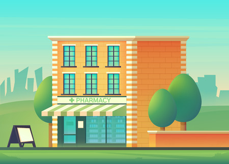 The facade of the pharmacy shop. Magazine for sale of medicines prescription drugs. Vector flat style illustration.のイラスト素材