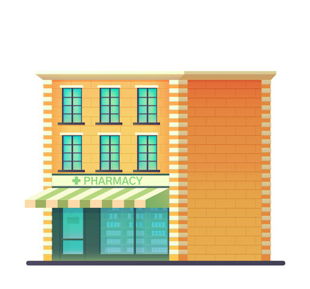 The facade of the pharmacy shop. Magazine for sale of medicines prescription drugs. Vector flat style illustration.のイラスト素材