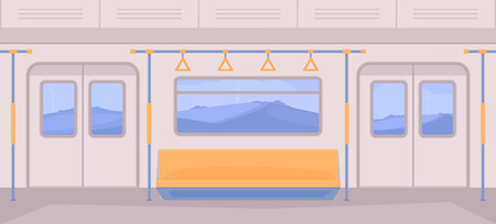 Subway train car inside. Interior with seats, a door for entrance and exit, handrails, window. Nature landscape background.のイラスト素材