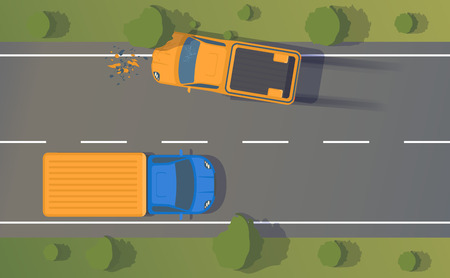 Road accident on road between cars and trees with crumpled wings and bumpers, broken windows and braking. And smoking cars.のイラスト素材