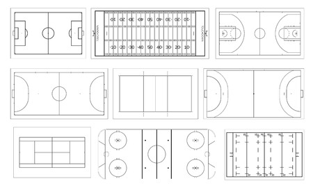 Set of sport field. Handball and basketball court, football or soccer field, ice hockey rink. Volleyball, futsal, mini football and tennis, rugby and american football field. Line art style.のイラスト素材