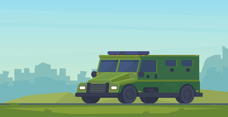 Armored police van heavy truck. Swat car Special military off road truck. City backgroundのイラスト素材