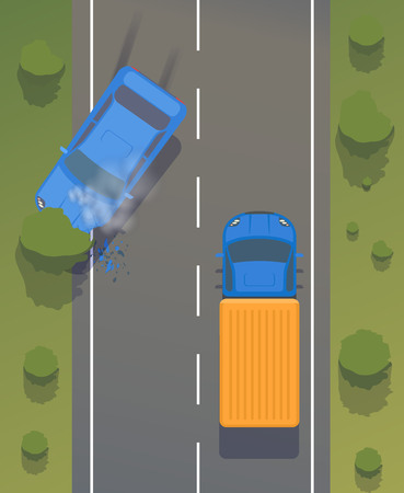 Road accident on road between cars and trees with crumpled wings and bumpers, broken windows and braking. And smoking cars.のイラスト素材