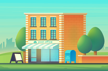 Post office building with mailbox in cityscape. Postal delivery service.のイラスト素材