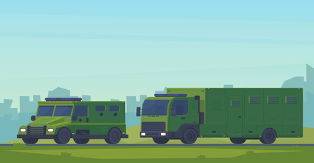 Armored police van heavy truck. Swat car special military off road truck. Police special transport for the transport and protection of prisoners and arrested people. Mobile truck prison.のイラスト素材