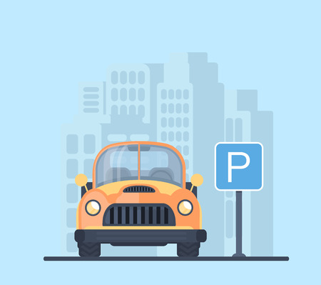 Parking lot with car in city. Sign for parking areaのイラスト素材