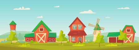 Agriculture. Farm rural landscape with red barn, house and ranch, water tower and haystack.のイラスト素材