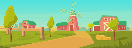 Agriculture. Farm rural landscape with red barn, house and ranch, water tower and haystack. Vector flat illustration.のイラスト素材