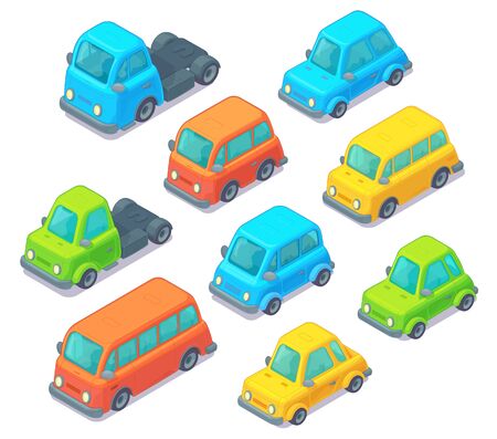 Set of isometric cars. Cartoon style. City transport including car, bus and truck. Isolated on white background.のイラスト素材