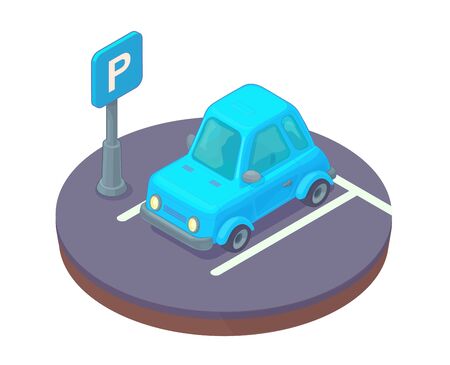 Parking lot area with car and road sign.のイラスト素材