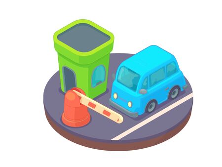 Entry through the barrier which is raised to pass the car. Toll gate with reception booth on guarded parking.のイラスト素材