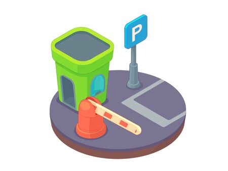 Entry through the barrier which is raised to pass the car. Toll gate on guarded parking. Checkpoint to residential area.のイラスト素材