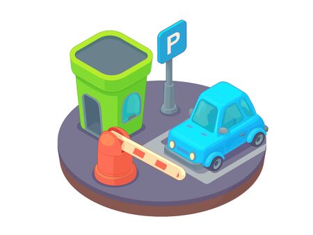 Entry through the barrier which is raised to pass the car. Toll gate on guarded parking. Checkpoint to residential area.のイラスト素材