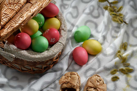 Happy Easter! Holiday cake. Painted eggs. The most joyful and most revered holiday in the Orthodox world.の写真素材