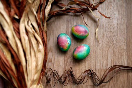Happy Easter! Holiday cake. Painted eggs. The most joyful and most revered holiday in the Orthodox world.の写真素材