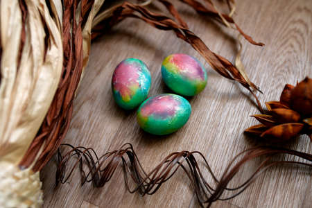 Happy Easter! Holiday cake. Painted eggs. The most joyful and most revered holiday in the Orthodox world.の写真素材