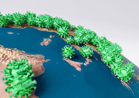 Pandemia Coronavirus (COVID-19) clung to the Europe on the globe. Symbolic 3d infographics on...