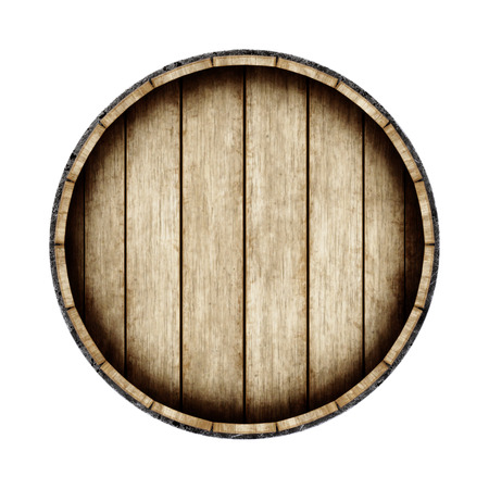 Wooden barrel isolated on white background, top view. 3d rendering. Old wine, whiskey, beer barrel.の写真素材