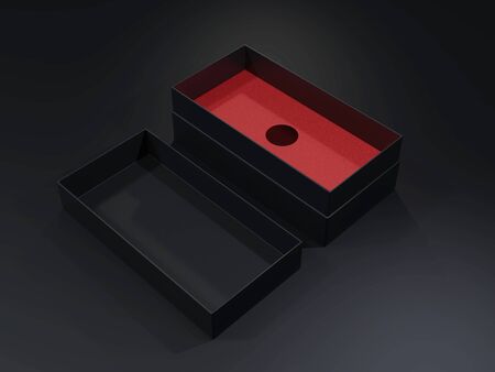 Black blank cardboard box on a dark background. Mock up template. 3d rendering.