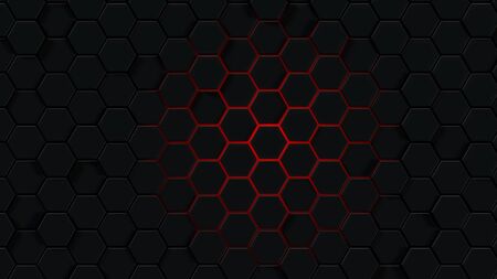 Background with abstract hexagons. Red outline on a black background. 3d rendering of polygonal...