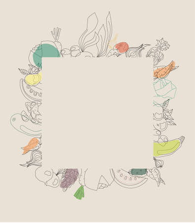 Healthy food line art design with hand drawn vegetables and fruits. Organic food frame template.のイラスト素材
