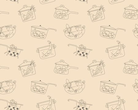Seamless pattern of saucepans with cooking food  for restaurants, kitchen interiors and chefs apronsのイラスト素材