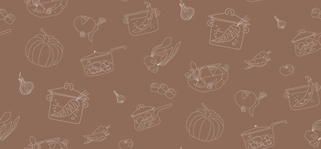 Seamless pattern of saucepans and vegetables for restaurants, kitchen interiors and chefs apronsのイラスト素材