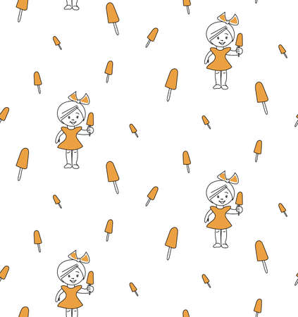 Girl in orange dress holding an ice-cream seamless pattern on white backgroundのイラスト素材
