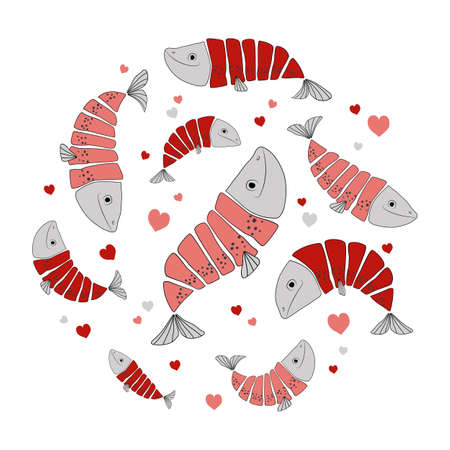 Funny happy fishes with pink and red hearts isolated on white background. Cute print for t-shirts and sweatshirts.のイラスト素材