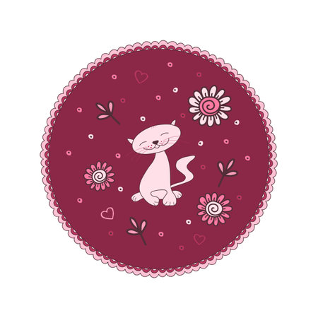 Pink cat on red background with flowers and hearts. Round shape vector illustration.のイラスト素材