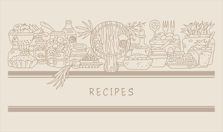 Food design template for cookbook, restaurant menu or recipes banner. Appetizers and salads in hand drawn vintage style.のイラスト素材
