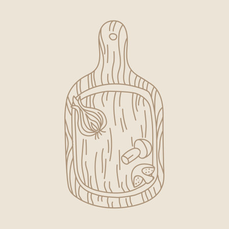 Hand drawn food icon of cutting board with sliced vegetables for recipes and restaurant menu.のイラスト素材