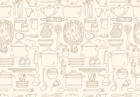 Seamless pattern with kitchen utensils on beige backgroundのイラスト素材
