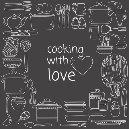 Cooking with love concept. Poster with hand drawn kitchen utensils on dark baclground.のイラスト素材